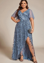 Women's Plus Size Formal Party V-Neck Short Sleeve Mesh Sequin Slit Long Dress Women's Plus Size Formal Party V-Neck Short Sleeve Mesh Sequin Slit Long Dress