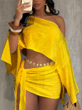 Women's Fashion Elegant Sexy Beach Holidays Slash Shoulder Top and Lace-Up Bodycon Mini Skirt Set