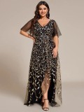 Women's Plus Size Formal Party V-Neck Short Sleeve Mesh Sequin Slit Long Dress