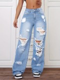 Women's Ripped Washed High Waist Straight Leg Loose Denim Long Pants Jeans