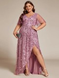 Women's Plus Size Formal Party V-Neck Short Sleeve Mesh Sequin Slit Long Dress