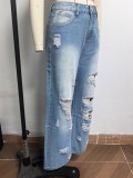 Women's Ripped Washed High Waist Straight Leg Loose Denim Long Pants Jeans