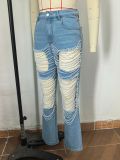 Women's Large Hole Pearl Straight Leg Mid-Waist Jeans