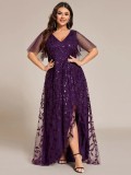 Women's Plus Size Formal Party V-Neck Short Sleeve Mesh Sequin Slit Long Dress