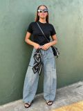 Women's Street Pocket Cutting Line Waist Silk Scarf Denim Pants