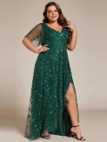 Women's Plus Size Formal Party V-Neck Short Sleeve Mesh Sequin Slit Long Dress