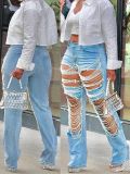 Women's Large Hole Pearl Straight Leg Mid-Waist Jeans