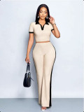 Women's Summer Turndown Collar Top and Slim Fit Flare Long Pants Two-Piece Set