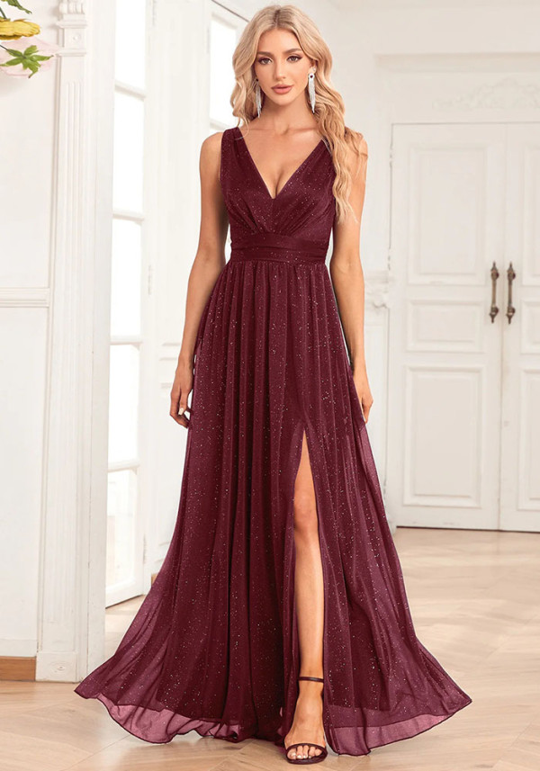 Women's Summer Plus Size Formal Party Deep V Sequin Mesh Bridesmaid Evening Gown Maxi Dress