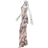 Women's Loose Casual Print Slim Waist High Neck Two-Piece Bodycon Pants Set