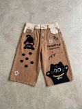 Women's Cat Towel Embroidered Patchwork Plaid Capri Denim Pants