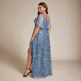 Women's Plus Size Formal Party V-Neck Short Sleeve Mesh Sequin Slit Long Dress