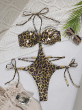 Women's Leopard Print Low Back Lace-Up Sexy Halter Bikini One-Piece Swimsuit