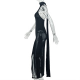 Women's Sexy Slim Fit Solid Color Low Back Halter Neck Slit Design High Neck Long Dress