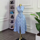 Women's Summer Chic Elegant Blue Floral Slim Fit Sleeveless Slit Dress