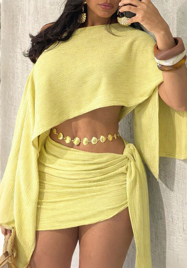 Women's Fashion Elegant Sexy Beach Holidays Slash Shoulder Top and Lace-Up Bodycon Mini Skirt Set