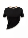 Women's Summer Patchwork Asymmetric Short Sleeve Top and Tight Fitting Shorts Two-Piece Set