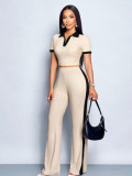 Women's Summer Turndown Collar Top and Slim Fit Flare Long Pants Two-Piece Set