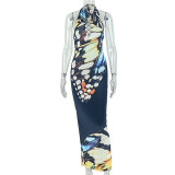 Women's Chic Print Sleeveless Deep V-Neck Halter Neck Bodycon Dress
