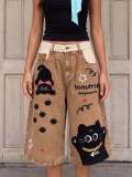 Women's Cat Towel Embroidered Patchwork Plaid Capri Denim Pants