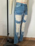 Women's Large Hole Pearl Straight Leg Mid-Waist Jeans