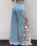 Women's Stretch Denim Contrast Color Lace Patchwork Design Wide Leg Pants
