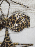 Women's Leopard Print Low Back Lace-Up Sexy Halter Bikini One-Piece Swimsuit