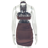 Women's Solid Color Strapless Ruched Asymmetric Halter Loose Bodycon Dress