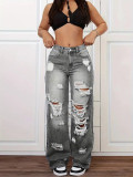 Women's Ripped Washed High Waist Straight Leg Loose Denim Long Pants Jeans