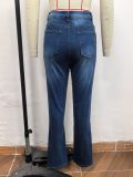 Women's Large Hole Pearl Straight Leg Mid-Waist Jeans