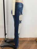 Women's Large Hole Pearl Straight Leg Mid-Waist Jeans