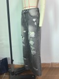 Women's Ripped Washed High Waist Straight Leg Loose Denim Long Pants Jeans