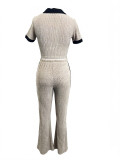 Women's Summer Turndown Collar Top and Slim Fit Flare Long Pants Two-Piece Set