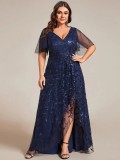 Women's Plus Size Formal Party V-Neck Short Sleeve Mesh Sequin Slit Long Dress