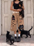 Women's Cat Towel Embroidered Patchwork Plaid Capri Denim Pants