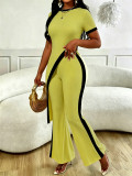 Women's Summer Asymmetric Long Top and Slim Fit Contrast Color Pants Two-Piece Set