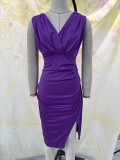 Women's Summer V-Neck Sleeveless Slit High Waist Evening Formal Party Maxi Gown Dress