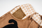 Women's Cat Towel Embroidered Patchwork Plaid Capri Denim Pants