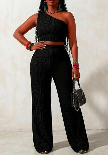 Women's Summer One-Shoulder Tight Fitting Crop Top and Wide Leg Pants Two-Piece Set
