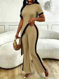Women's Summer Asymmetric Long Top and Slim Fit Contrast Color Pants Two-Piece Set