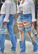 Women's Large Hole Pearl Straight Leg Mid-Waist Jeans