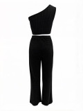 Women's Summer One-Shoulder Tight Fitting Crop Top and Wide Leg Pants Two-Piece Set