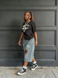 Women's Flocking Embroidered Puppy Capri Denim Shorts