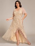 Women's Plus Size Formal Party V-Neck Short Sleeve Mesh Sequin Slit Long Dress