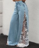 Women's Stretch Denim Contrast Color Lace Patchwork Design Wide Leg Pants