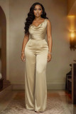 Women's Satin Sleeveless Cowl Neck Slim Waist Wide Leg Pants Jumpsuit