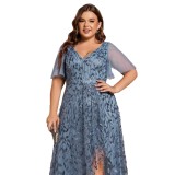 Women's Plus Size Formal Party V-Neck Short Sleeve Mesh Sequin Slit Long Dress