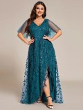 Women's Plus Size Formal Party V-Neck Short Sleeve Mesh Sequin Slit Long Dress