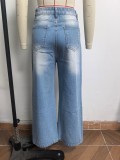 Women's Ripped Washed High Waist Straight Leg Loose Denim Long Pants Jeans