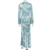 Women's Print Slim Fit Chic Contrast Color Ruched Round Neck Long Sleeve Bodycon Dress